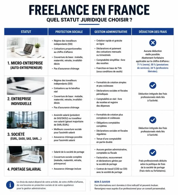 Infographie comparative des statuts juridiques pour freelance en France : micro-entreprise, EI, EURL/SASU et portage salarial pour choisir son statut