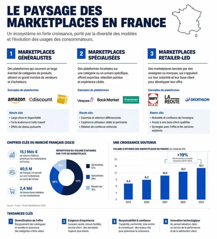 Infographie du paysage des marketplaces en France : généralistes, spécialisées et retailer-led