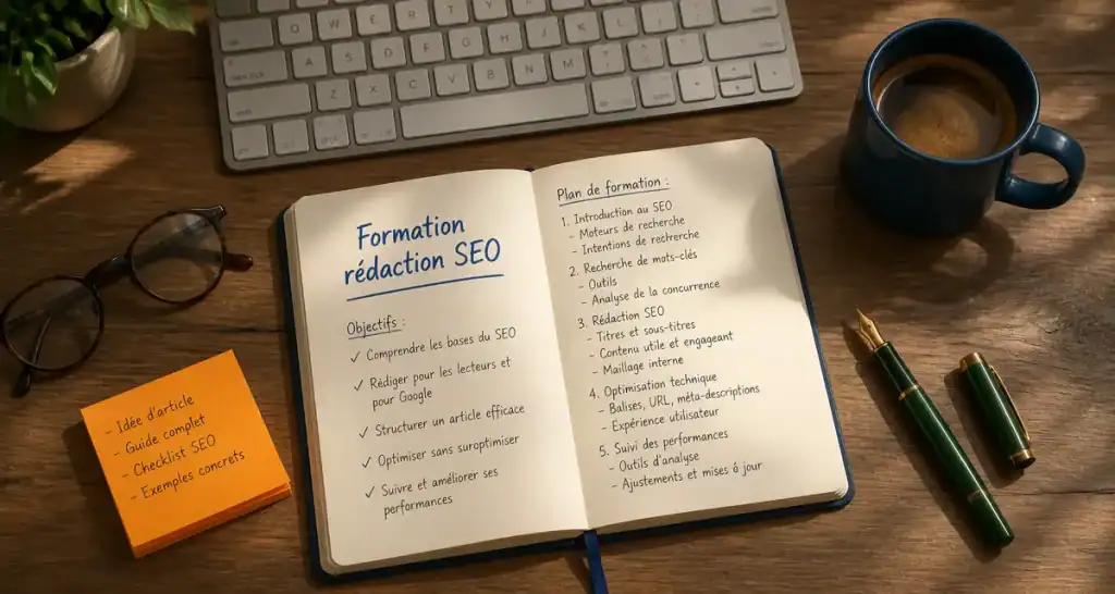 bureau formation rédaction seo carnet clavier mug