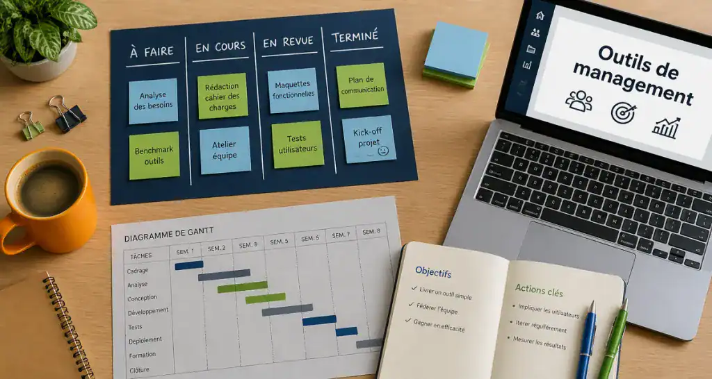 outils de management sur bureau d'équipe moderne