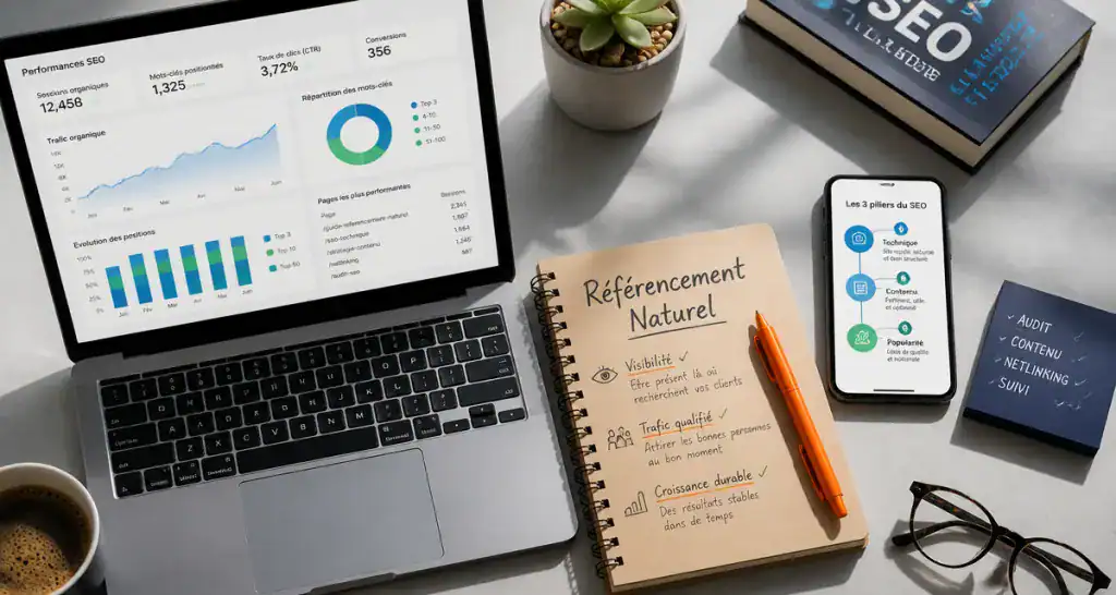 Bureau avec outils et graphiques sur le referencement naturel SEO