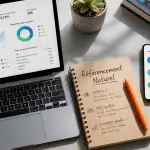 Bureau avec outils et graphiques sur le referencement naturel SEO