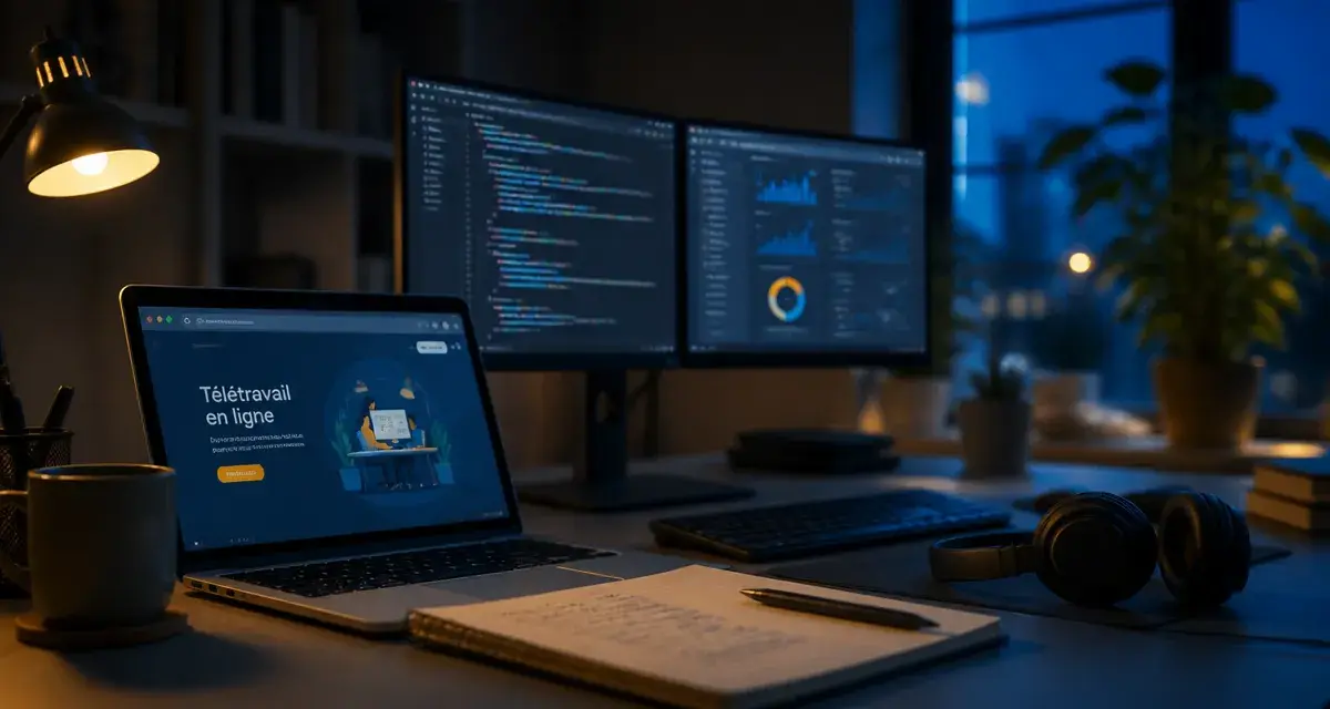 Télétravail en ligne freelance au bureau : ordinateur portable et double écran
