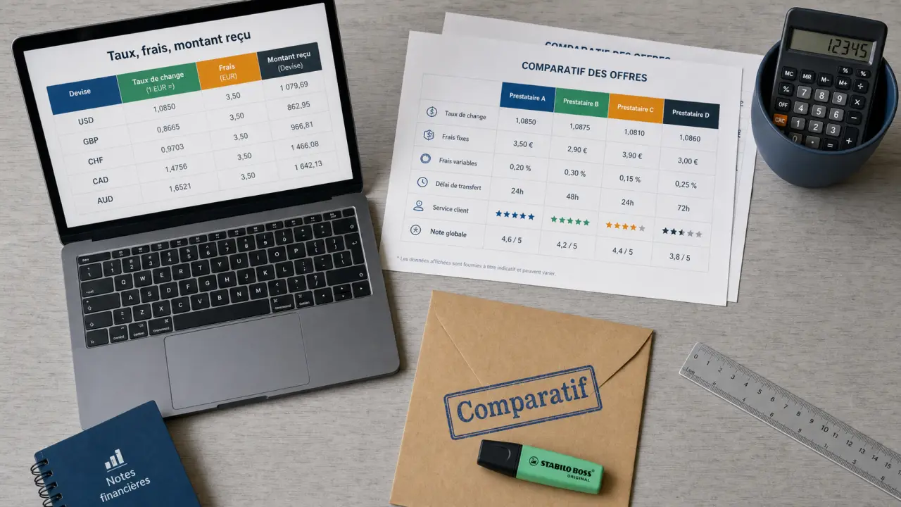 Achat de devises en ligne comparatif : taux et frais, montant reçu