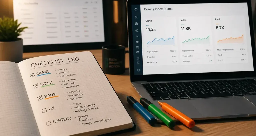 Apprendre seo : checklist Crawl Index Rank sur bureau