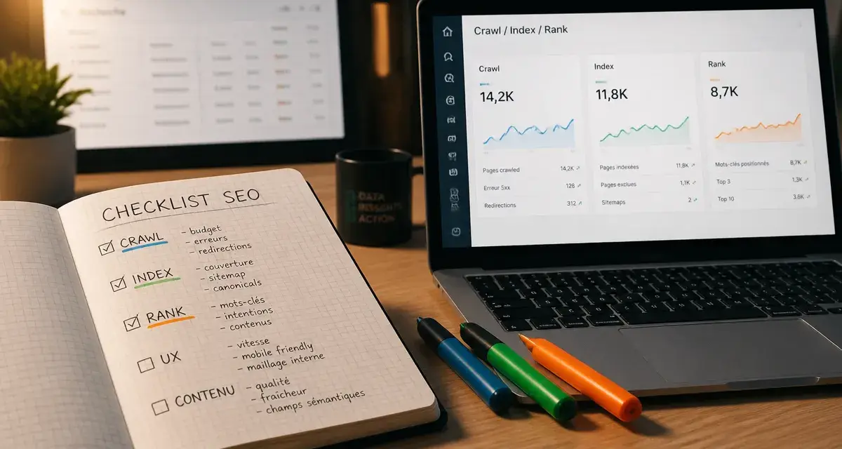 Apprendre seo : checklist Crawl Index Rank sur bureau