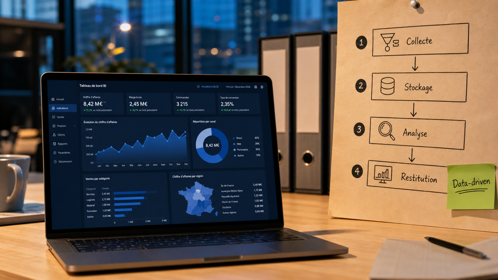 Business intelligence : dashboard KPI et schéma BI collecte stockage analyse restitution