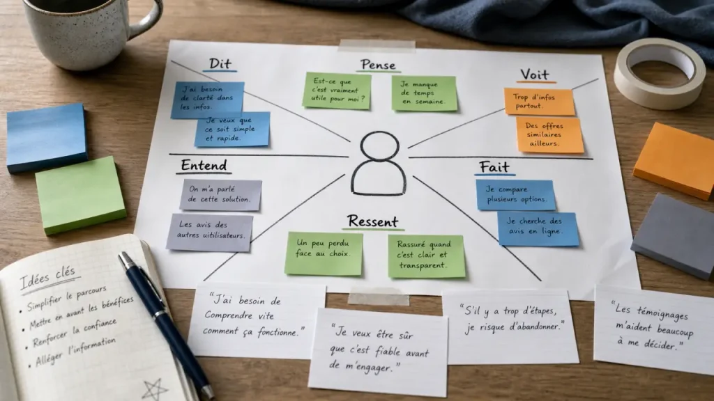 Carte d'empathie : matrice Dit, Pense, Ressent, Voit, Entend