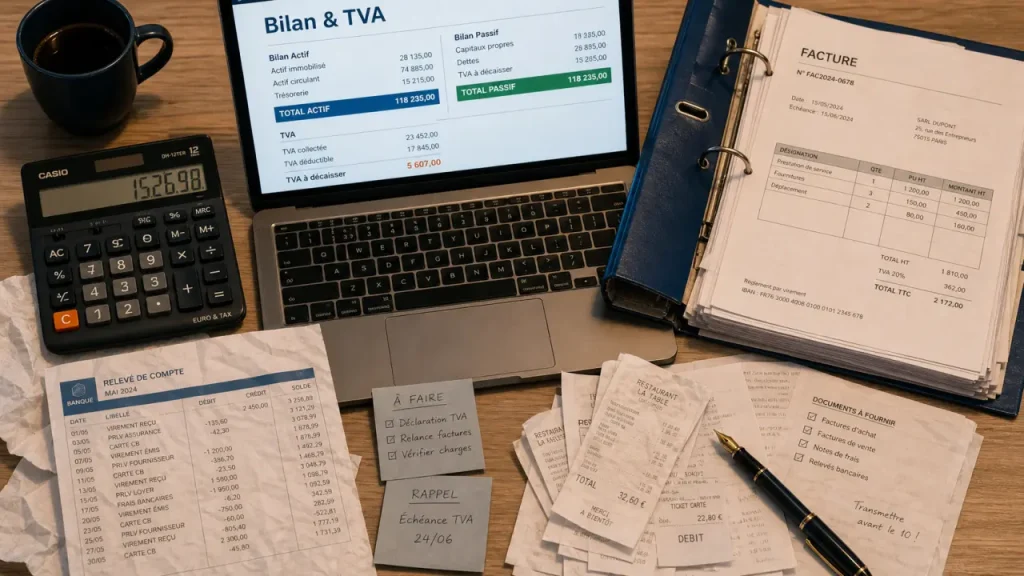 Comptabilité fiche métier : calculatrice et bilan TVA sur bureau, quotidien du comptable