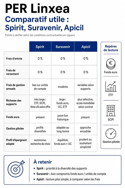 Infographie comparant le PER Linxea Spirit, Suravenir et Apicil avec leurs frais et supports