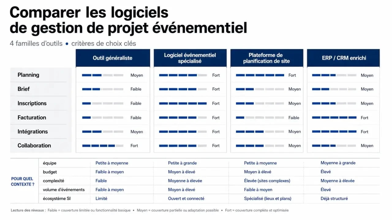 Logiciel gestion de projet événementiel : comparatif visuel des types de solutions et critères de choix