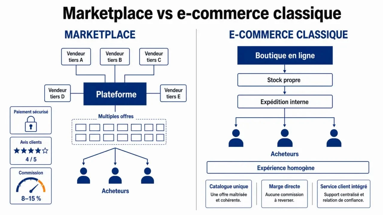 Marketplace définition : schéma comparatif entre marketplace et e-commerce classique