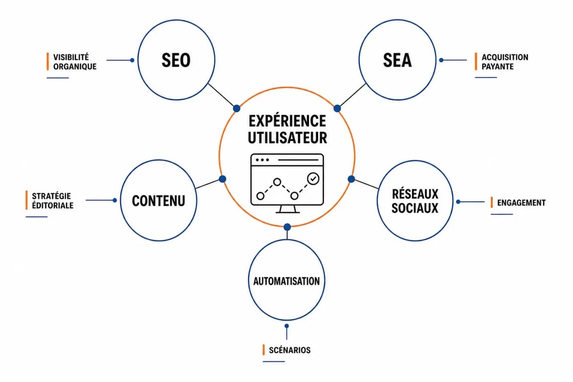 Schéma illustrant l'écosystème du webmarketing et ses différents leviers stratégiques