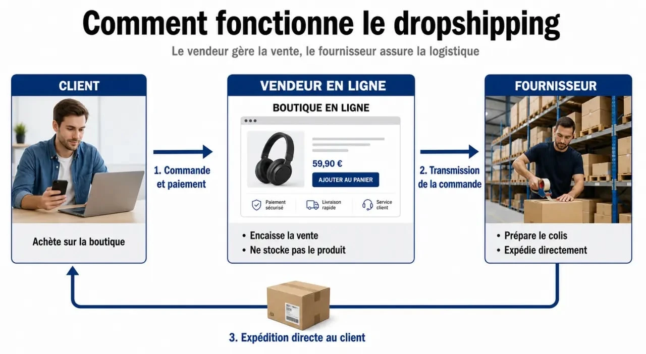 Schéma du dropshipping définition avec client, vendeur et fournisseur