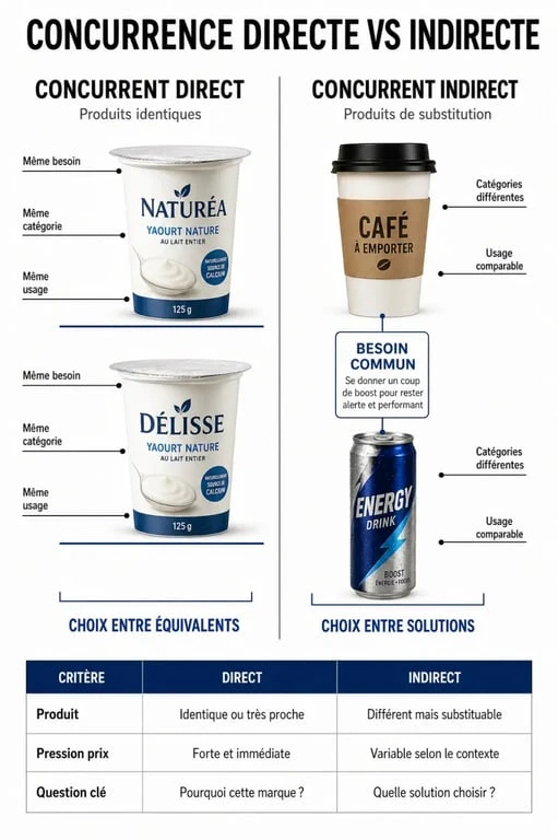Infographie comparative illustrant la différence entre concurrence directe et indirecte pour une étude de marché