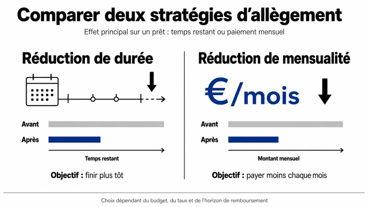 Comparatif des stratégies de remboursement anticipé de crédit immobilier : réduction de durée versus réduction de mensualité.