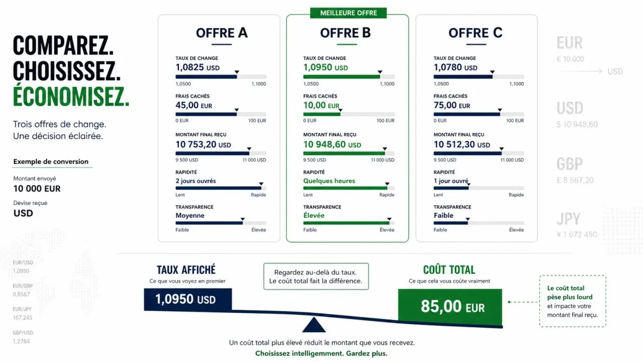 Achat de devises en ligne comparatif : infographie sur le taux de change, les frais et le montant final reçu