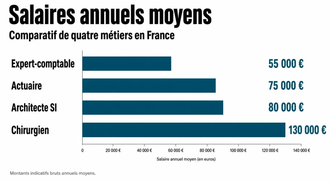 Infographie des salaires annuels moyens par métier intéressant : Expert-comptable, Actuaire, Architecte SI et Chirurgien.