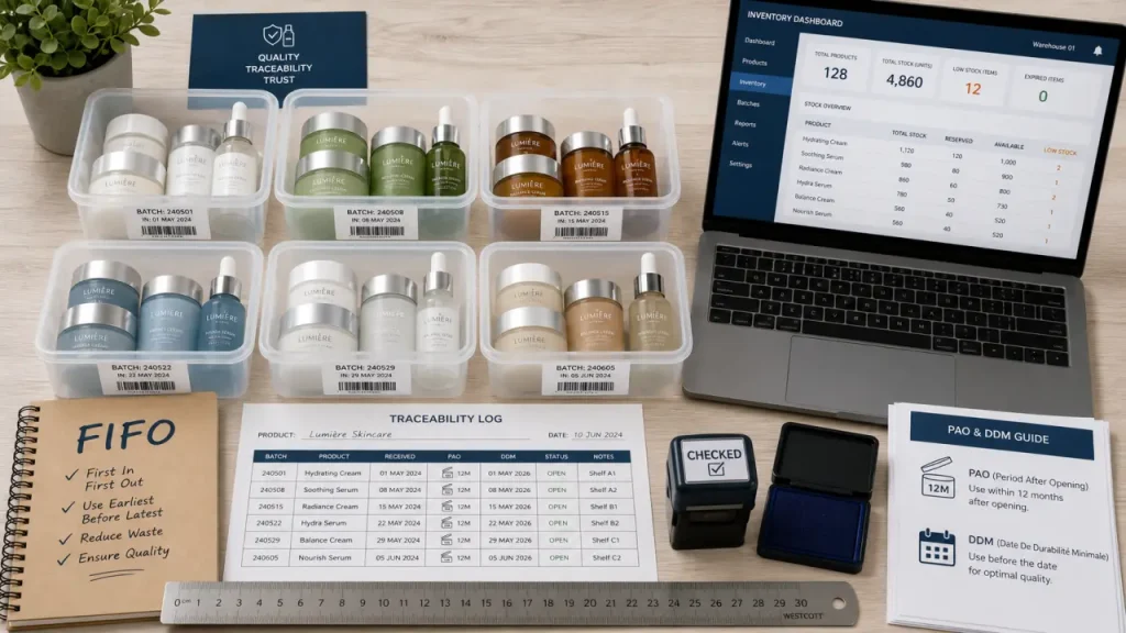 Gestion de stocks produits cosmétiques : étiquetage FIFO, dates PAO/DDM et marge