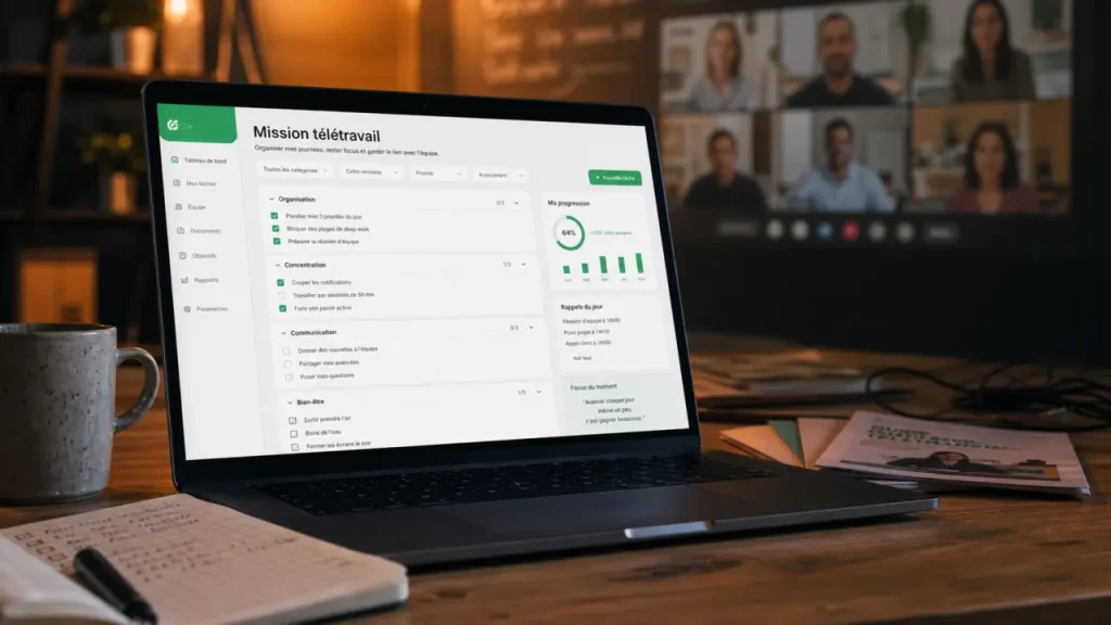 Mission en télétravail : ordinateur et checklist en télétravail