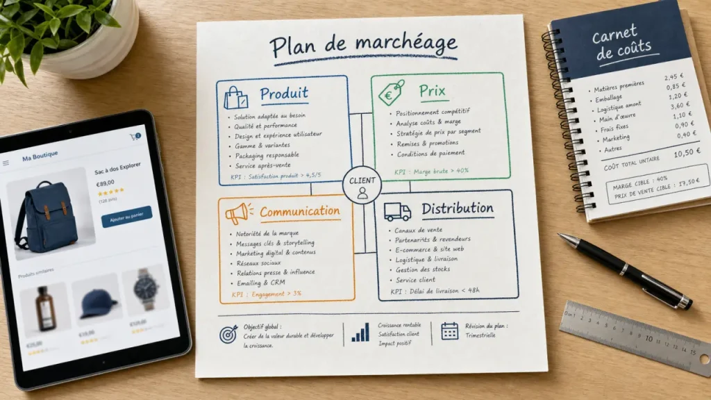 Plan de marchéage avec les 4P : produit, prix, communication, distribution