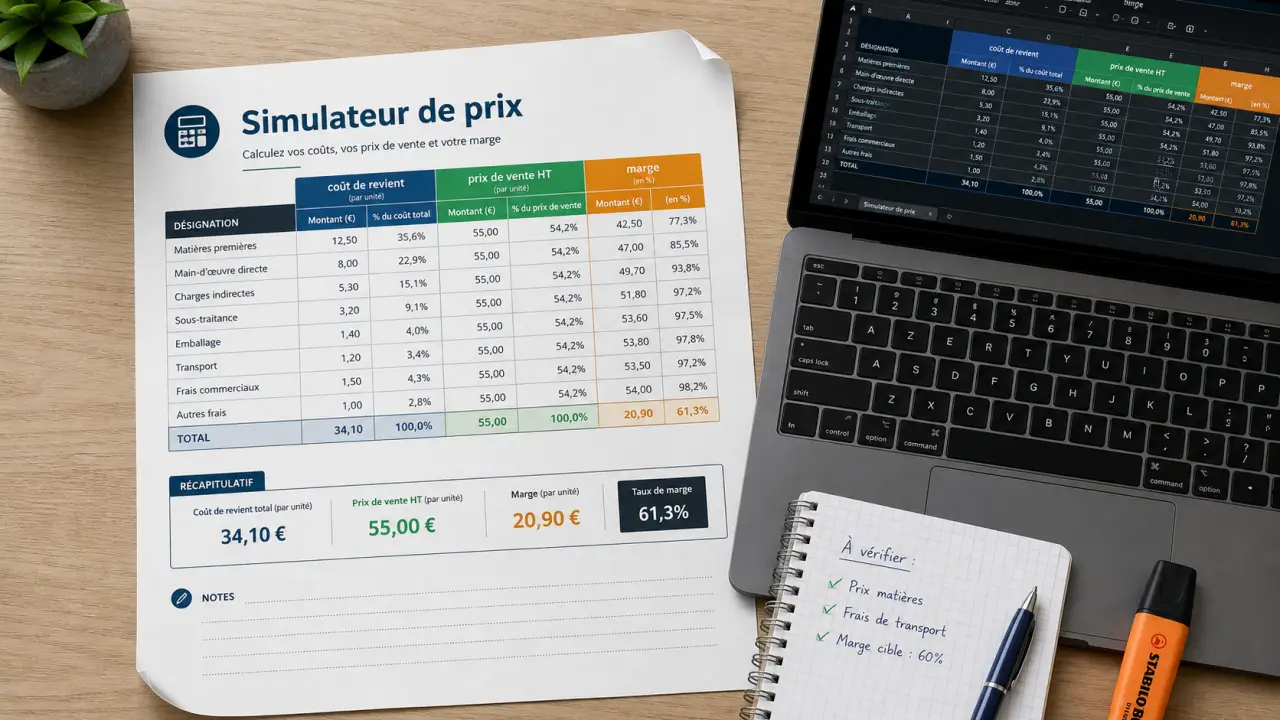 Tableau calcul prix de vente gratuit : coût de revient, marge, prix HT