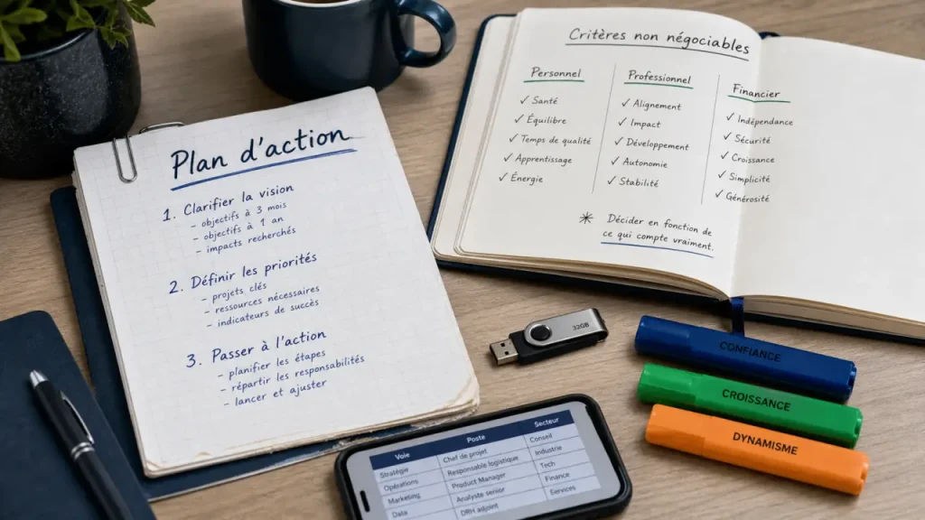 Comment trouver sa voie professionnelle : plan d’action envies compétences sur bureau