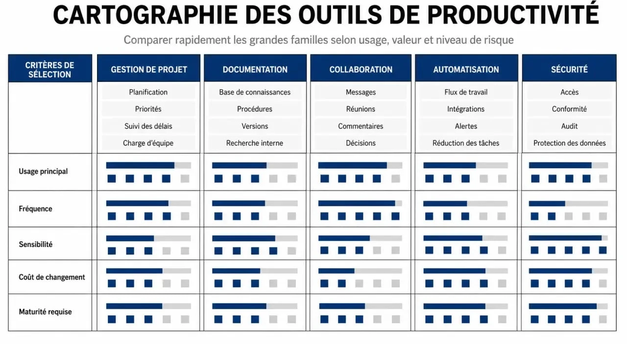 Outils de productivité : comparaison visuelle des grandes familles d’outils pour organiser le travail