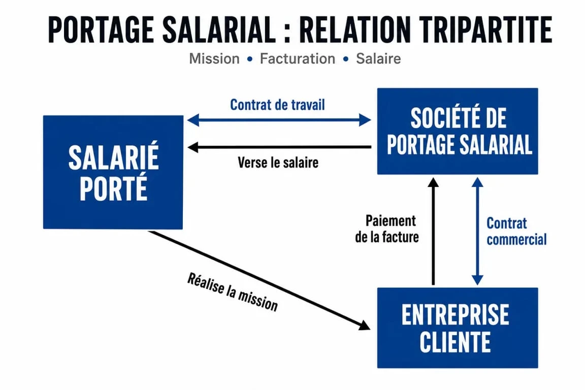 Déf portage salarial : schéma du fonctionnement tripartite entre salarié porté, société de portage et entreprise cliente