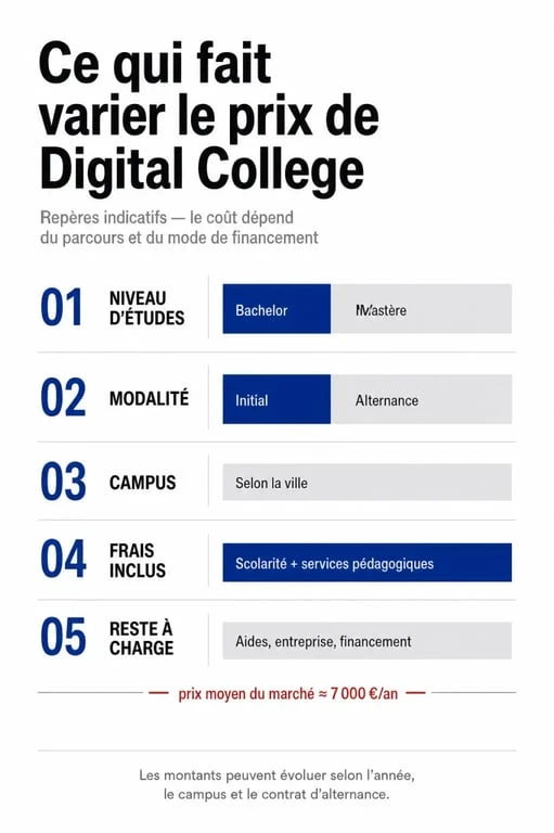 Infographie sur digital college prix, avec niveau d’études, alternance et frais inclus