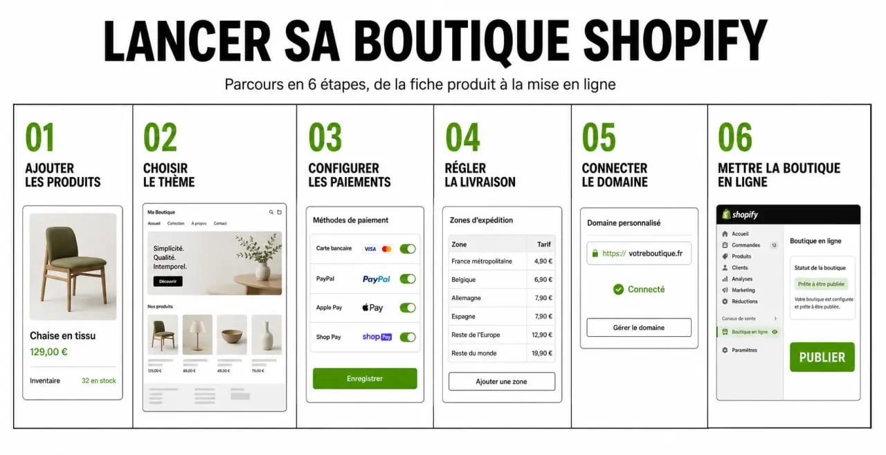 Shopify en ligne : parcours de lancement d'une boutique avec produits, thème, paiements, livraison et domaine