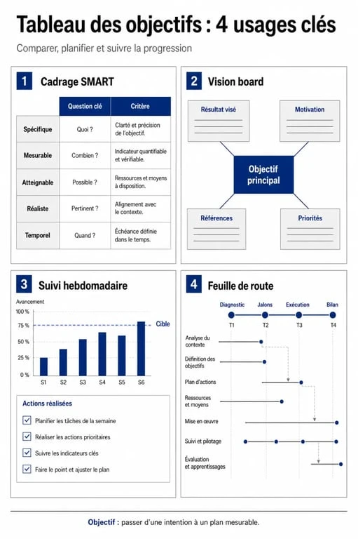 Tableau des objectifs comparant SMART, vision board et suivi hebdomadaire sur une même page