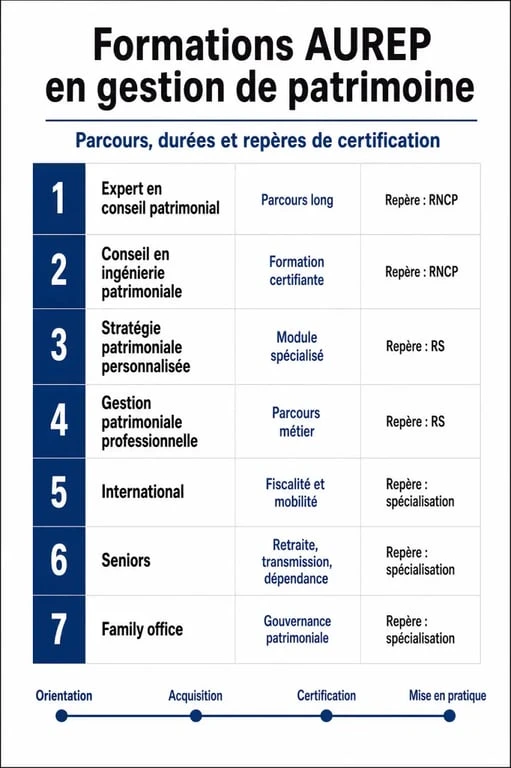 Infographie AUREP gestion de patrimoine comparant les formations, durées et certifications RNCP/RS