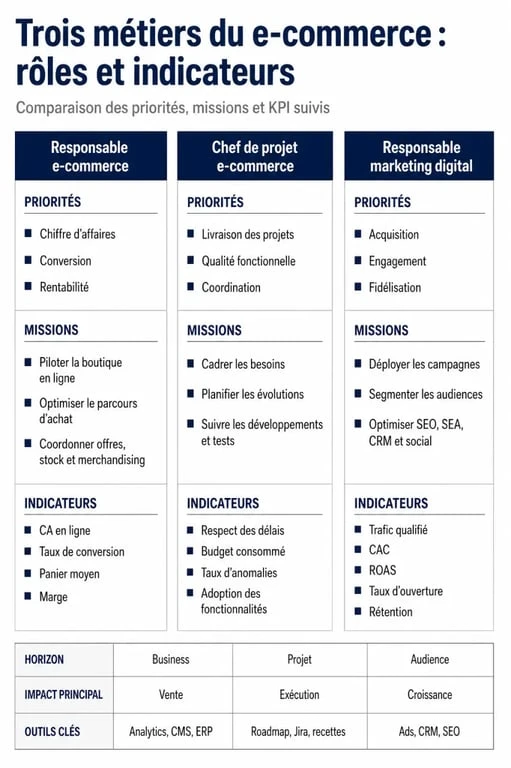 Responsable e-commerce : comparaison avec chef de projet e-commerce et responsable marketing digital