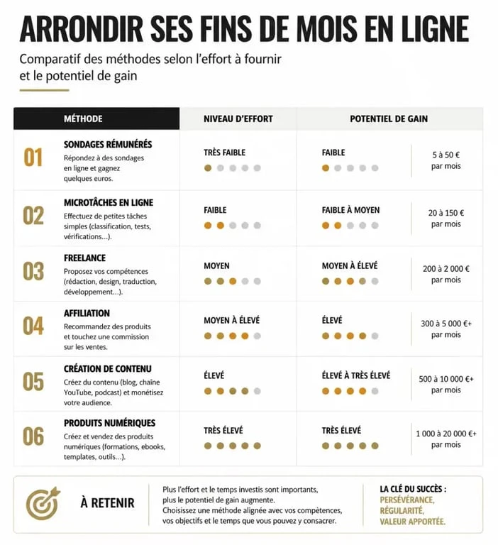 Infographie comparant les méthodes pour arrondir ses fins de mois en ligne : micro-tâches, freelancing et revente.