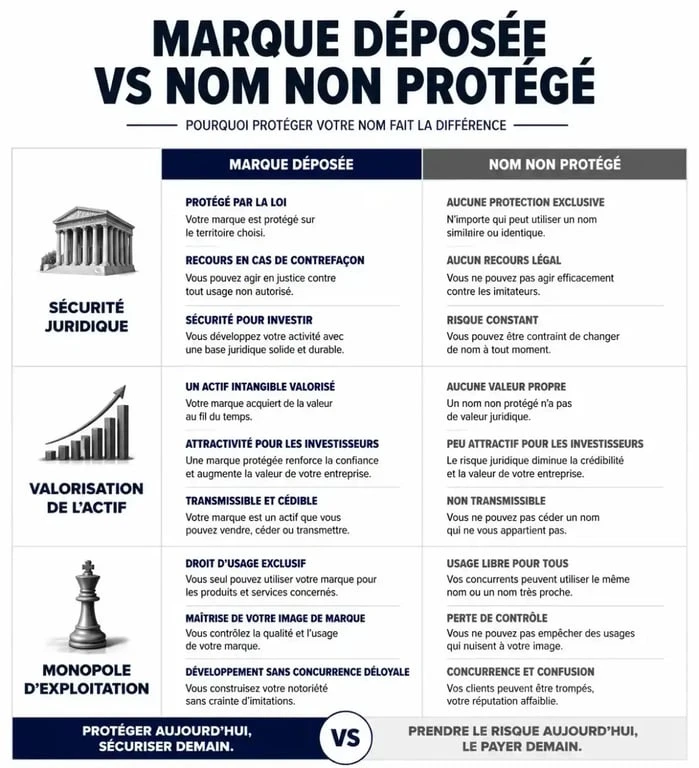 Infographie comparative : marque déposée vs nom non protégé pour la protection de marque