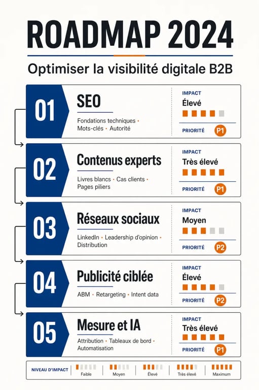 Roadmap 2024 pour optimiser la visibilité digitale des entreprises B2B avec les leviers SEO, contenus, réseaux sociaux, publicité et mesure