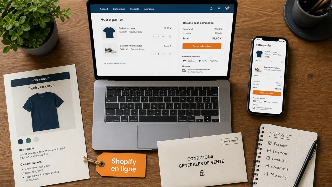 Shopify en ligne : essai 14 jours et réglages pour le lancement