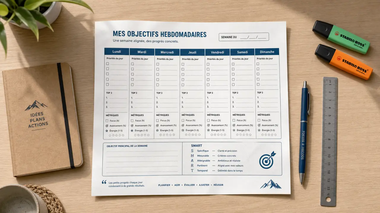 Tableau des objectifs SMART, vision board ou suivi hebdomadaire