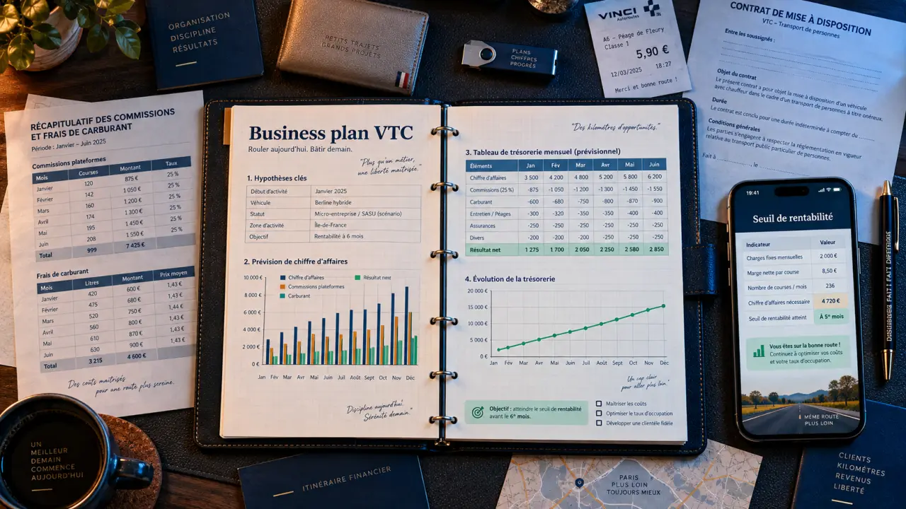 Business plan VTC et seuil de rentabilité, graphique de trésorerie et calcul du point mort