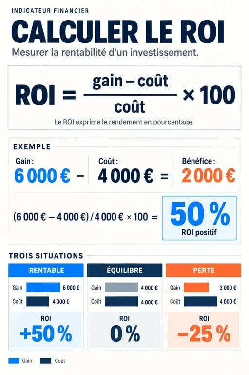 Infographie r o i def : formule du retour sur investissement et exemples de ROI positif, nul et négatif