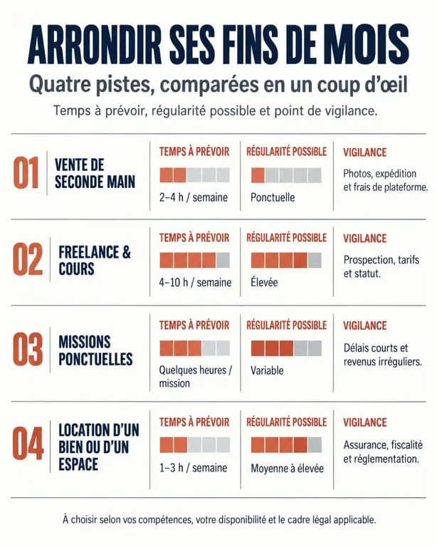 Infographie des solutions pour arrondir ses fins de mois selon le temps, la régularité et les points de vigilance