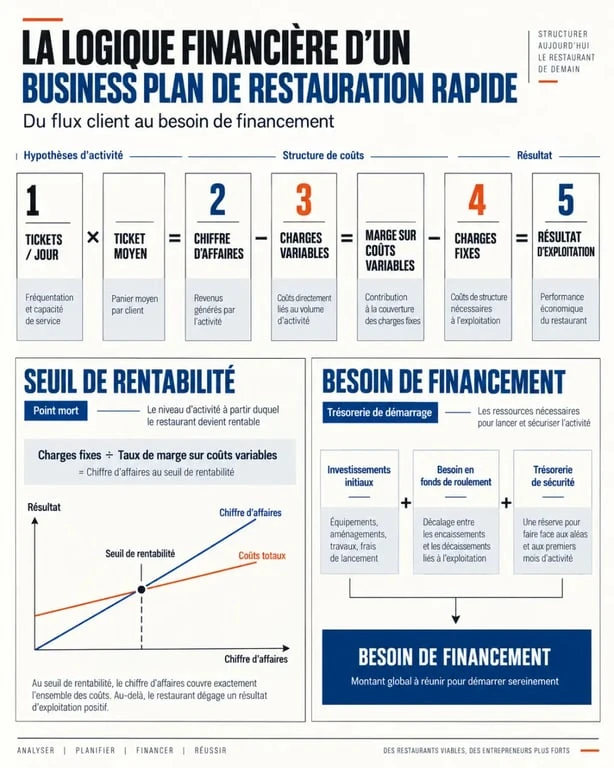 Infographie du business plan restauration rapide et de ses indicateurs financiers