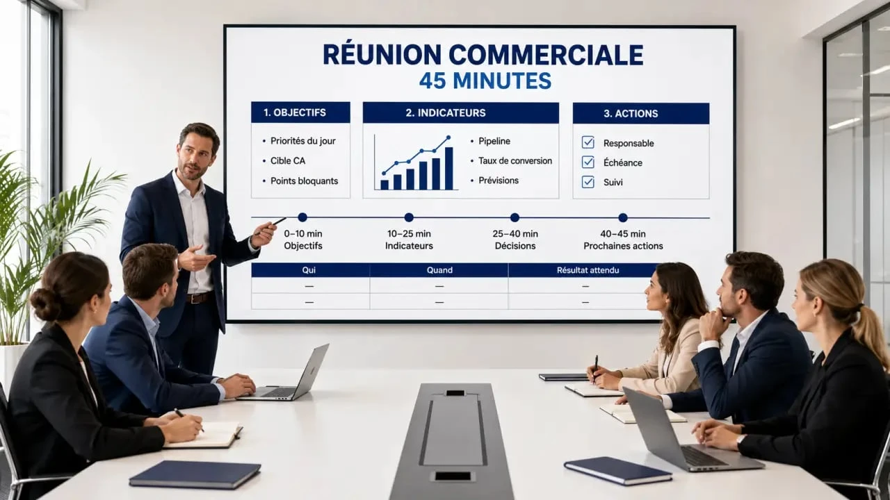 Réunion commerciale efficace avec ordre du jour, indicateurs et plan d’action