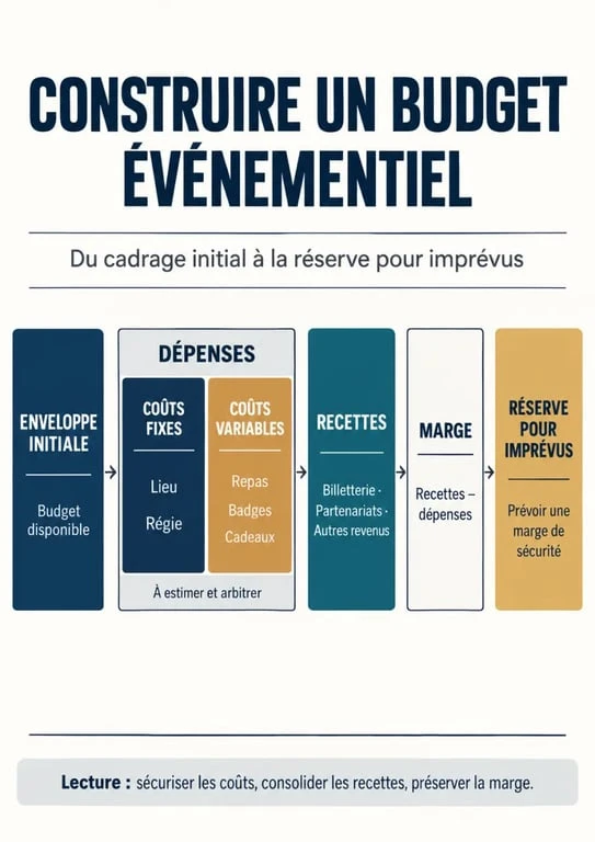 Budget événement : infographie des dépenses fixes, variables, recettes et réserve pour imprévus
