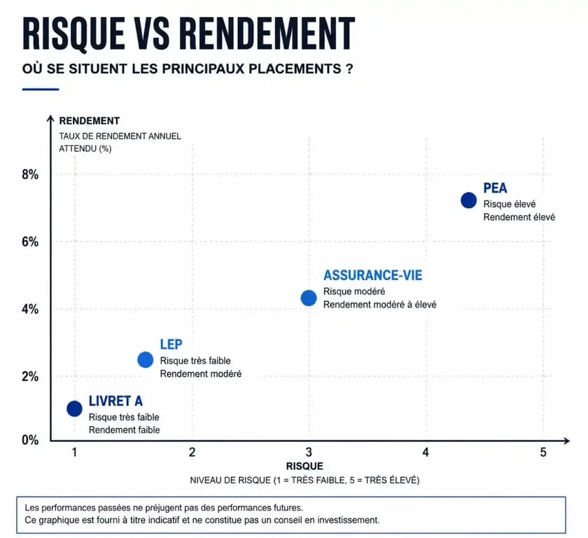 Graphique comparatif des alternatives au Livret A selon le risque et le rendement