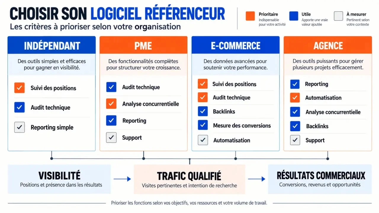 Infographie pour choisir un logiciel référenceur selon son profil et ses objectifs SEO