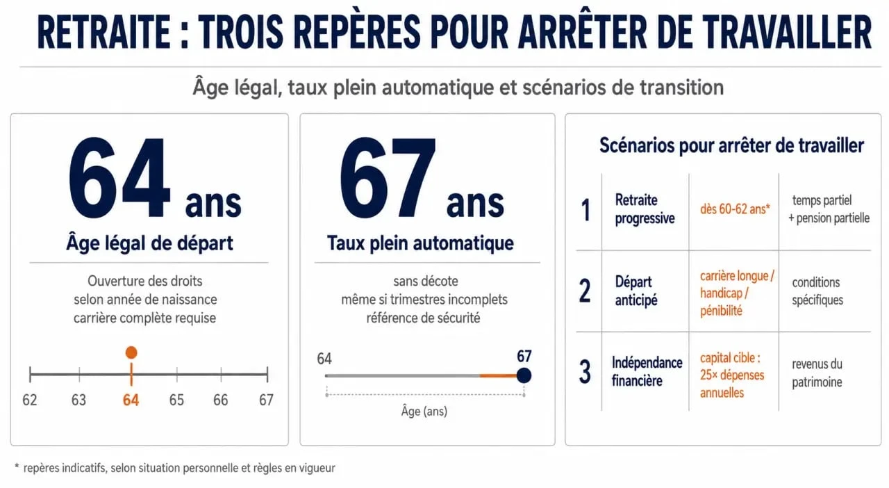 Arrêter de travailler : repères visuels sur l’âge légal, le taux plein et les scénarios de transition
