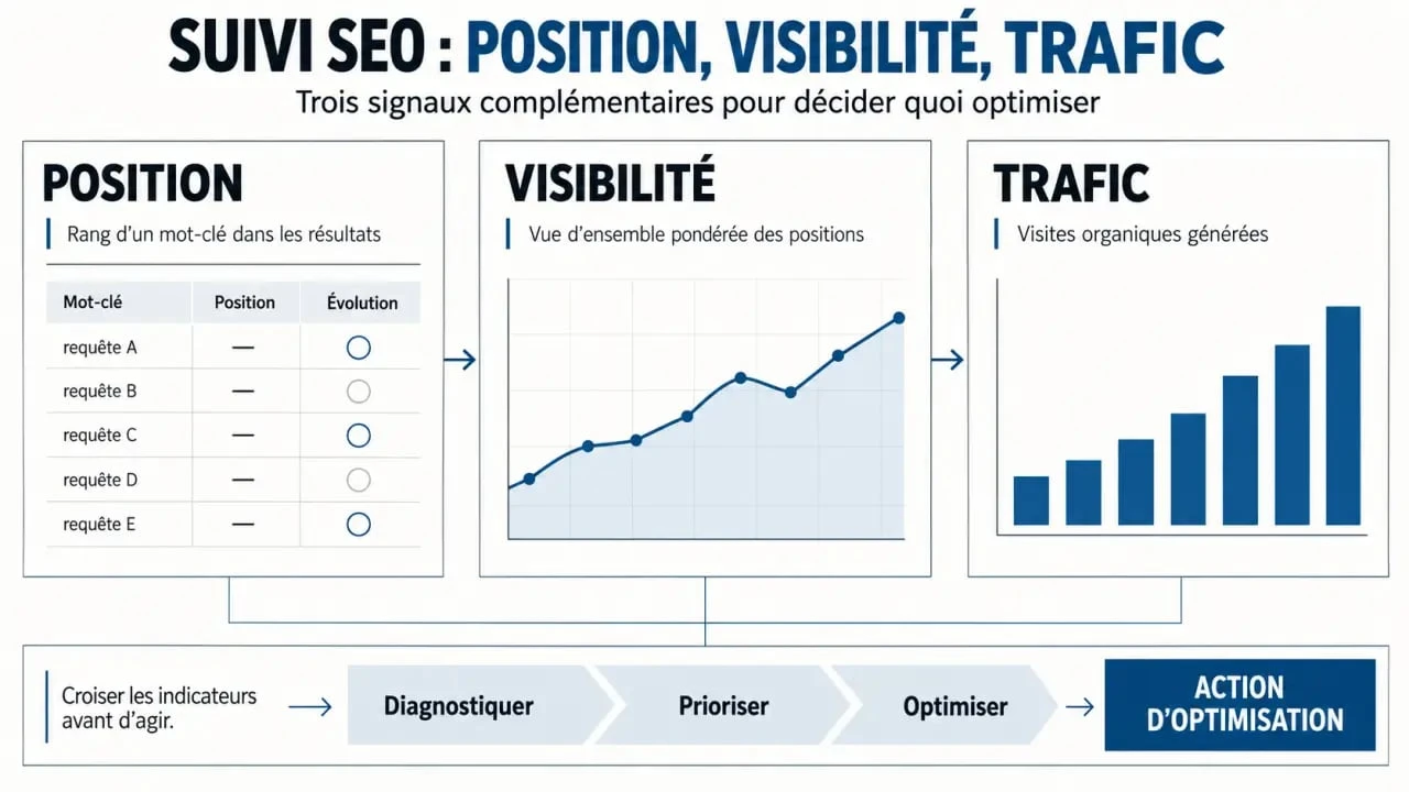 Illustration sur les ranks SEO montrant la différence entre position, visibilité et trafic organique
