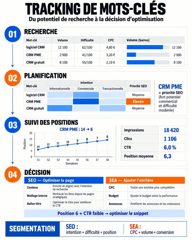 Infographie du tracking mot clé search marketing et des principales métriques SEO et SEA